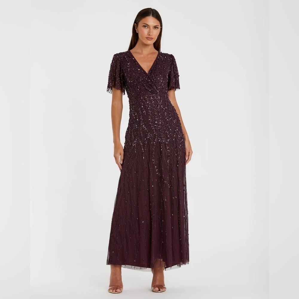 Mac Duggal Plum Beaded V-Neck Evening Gown